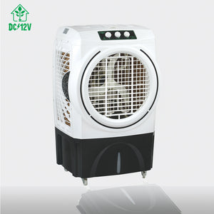 A white and black portable window air conditioner fan with a front grille, side vent, and three control buttons on top, shown on a light gray background with a DC/12V logo in the top-left corner.