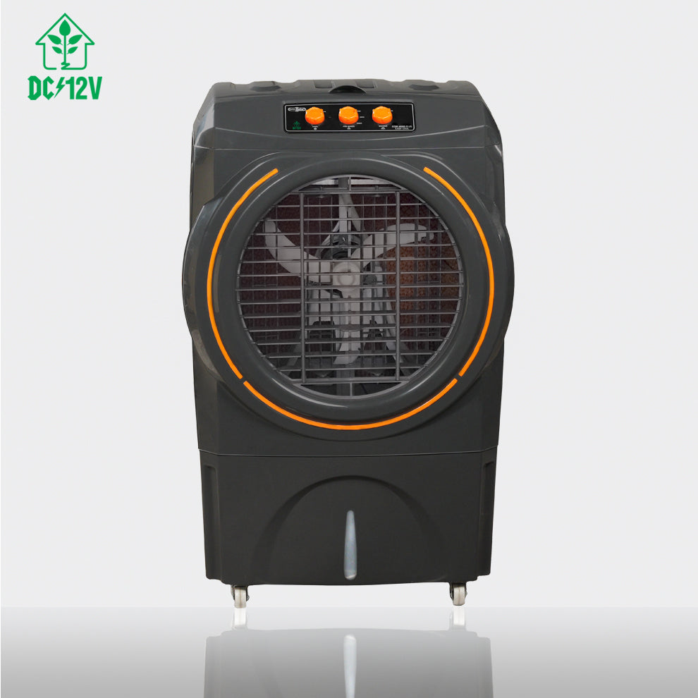 A black portable industrial air cooler with a circular front grille, orange accent rings, and three orange control buttons on top, shown on a light gray background with a DC/12V logo in the top-left corner.