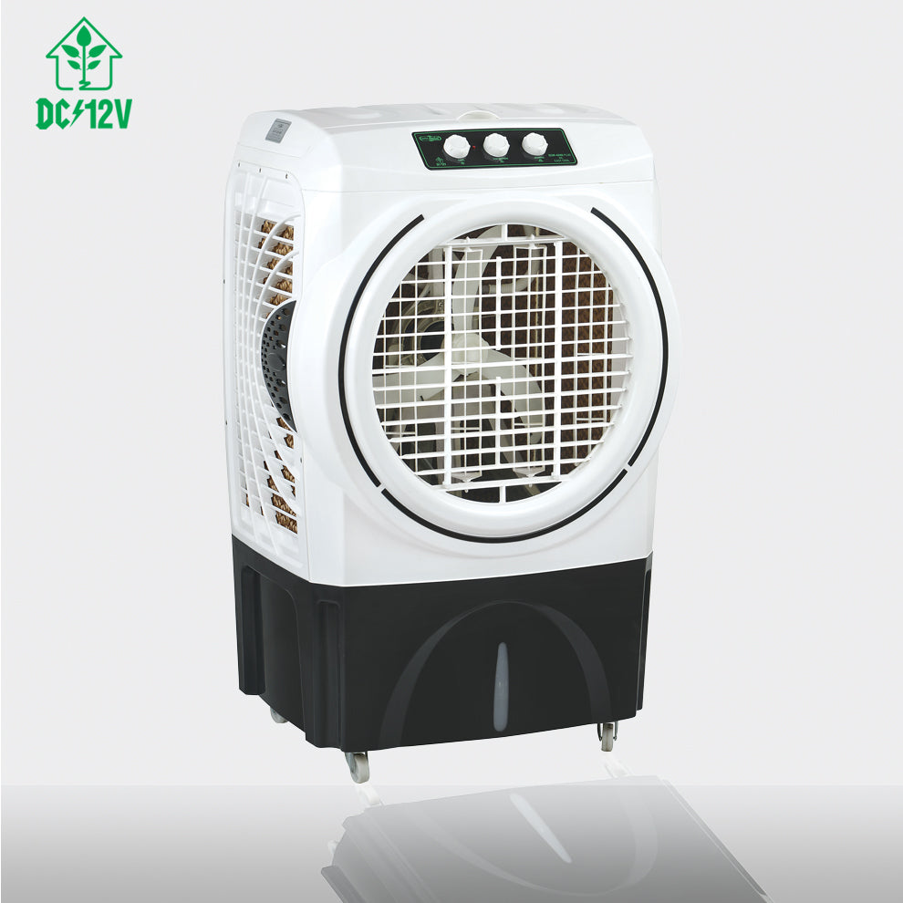 A white and black portable window air conditioner fan with a front grille, side vent, and three control buttons on top, shown on a light gray background with a DC/12V logo in the top-left corner.