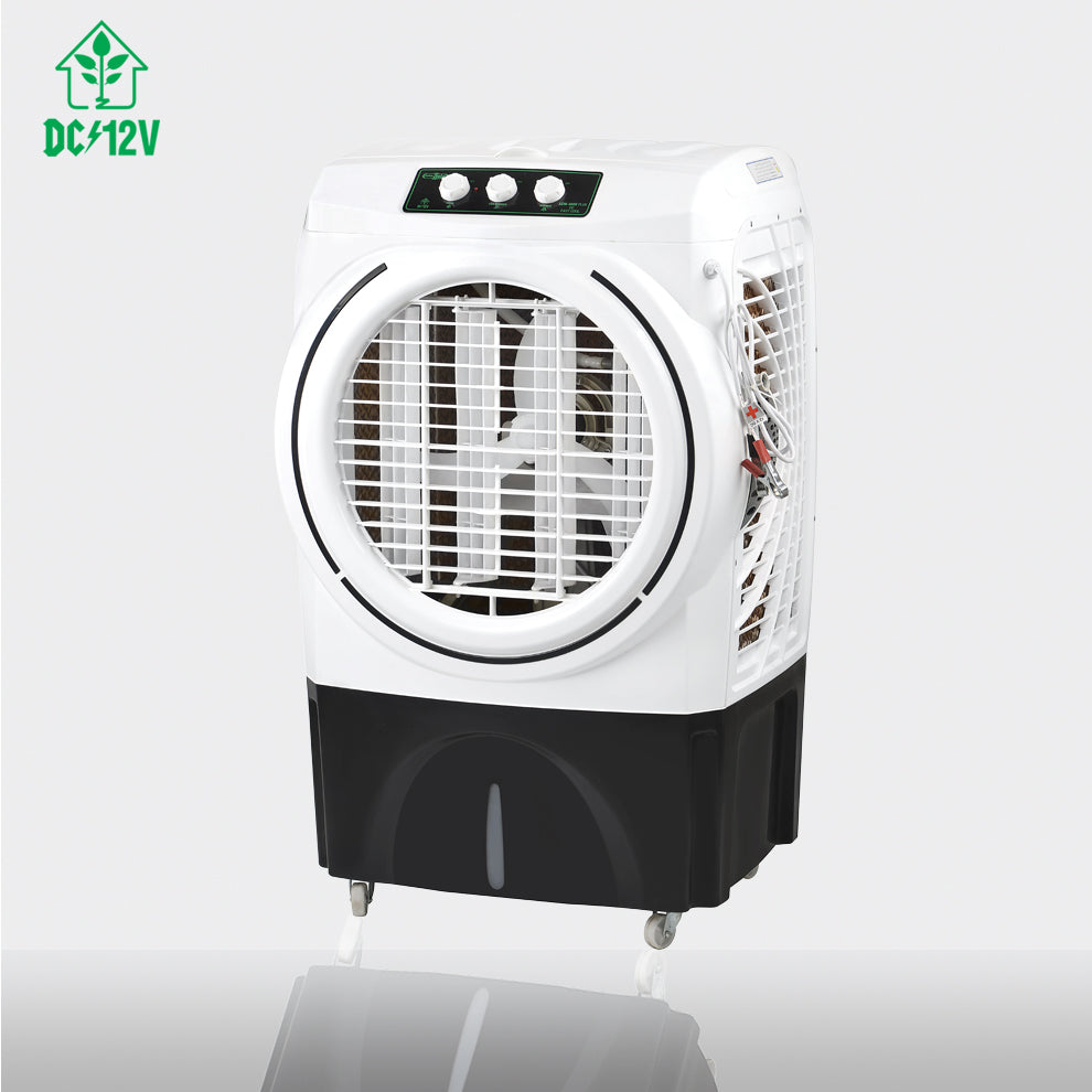 A portable window air conditioner fan with a white top and front grille, a black lower body, and caster wheels, shown on a light gray background with a DC/12V indicator logo in the top-left corner.