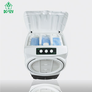 A white portable electric humidifier with its lid open, showing three blue water tanks and a front control panel with three white buttons. The product is photographed on a light gray background with a reflection below.