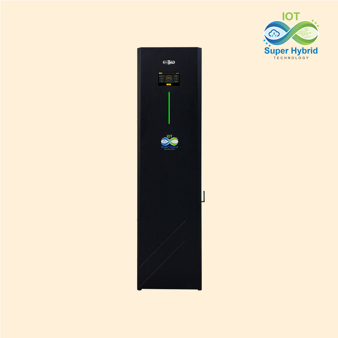 Black electronic device with green accents on a beige background, featuring 'IOT Super Hybrid Technology' logo.